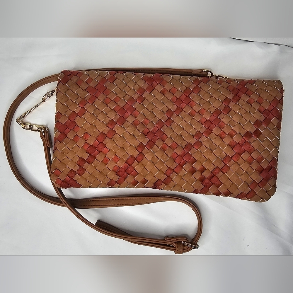 Deux Lux Woven Foldover Crossbody Bag Brown Burgundy Weave Chain Strap Clutch